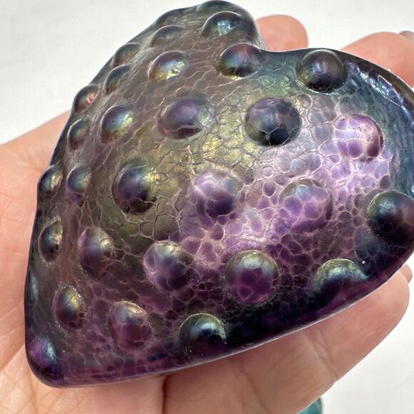 3 Robert Held Heart Glass Paperweight Teal Iridescent Lattice Grid Star Signed - Picture 7 of 11